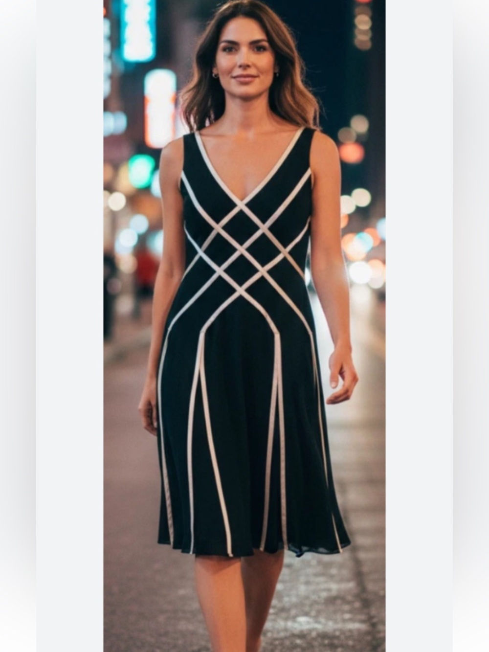 Adrianna Papell Black Midi Dress with White Piping